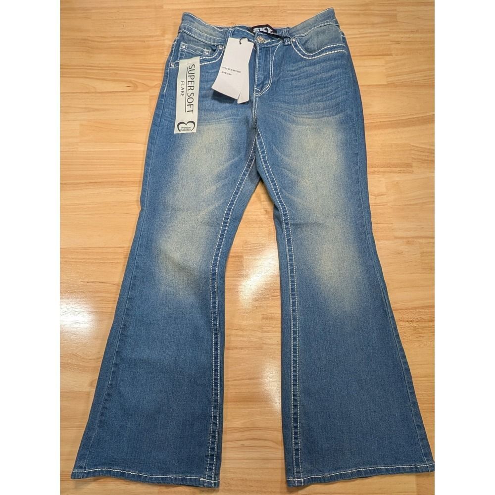 SKY Super Soft Flare Jeans Womens 9/29 Medium Wash Thick Stitch Rhinestone NEW